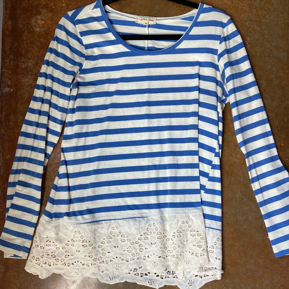Blue and White Striped Lace Anthropologie Shirt